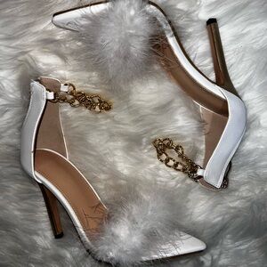 White and Gold Pumps with Fur Band and Gold Chain Ankle Cuff